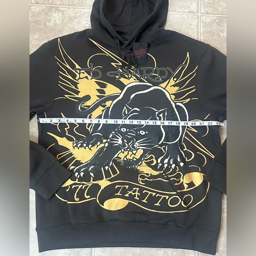 NWT Ed Hardy Charcoal & Gold Panther Hoodie Large - Picture 3 of 8